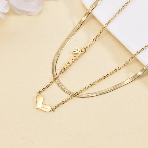 Double Layer Necklace Stainless Steel Heart And Love Pendant Gold Plated Snake Chain Elegant Jewelry For Women