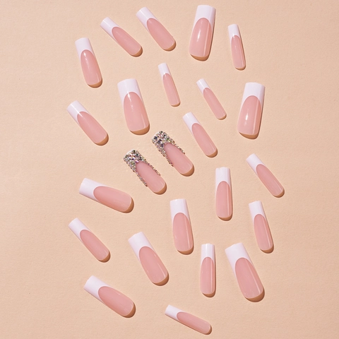 French Tip Press On Nails Long Square Pink Glossy False Nails With Rhinestones And Manicure Kit For Women