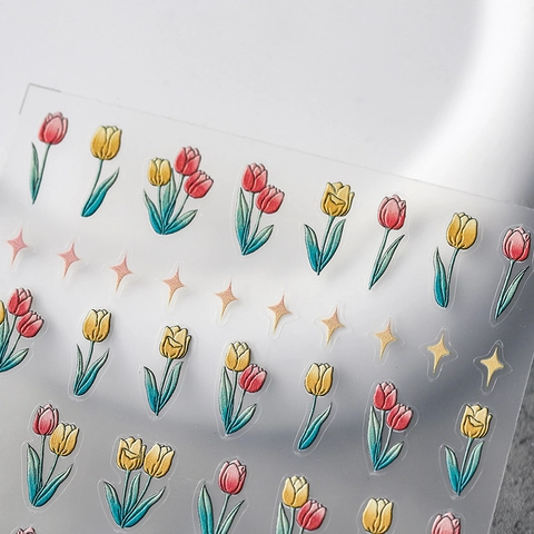 5D Embossed Nail Stickers 3D Relief Gradient Tulip Flower Star Self Adhesive Manicure Art Decoration Elegant Floral