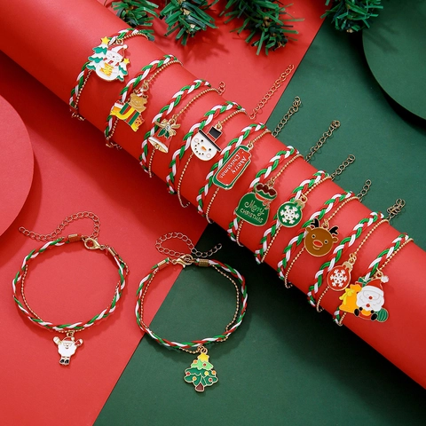Weihnachtsarmbänder Mit Emaille-Anhängern Weihnachtsmann Schneemann Rentier Buntes Geflochtenes Seil Für Urlaubsgeschenk