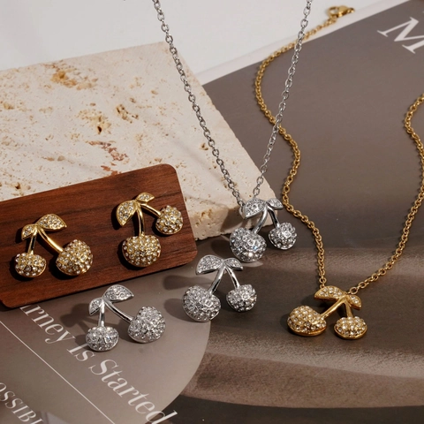 Stainless Steel Cherry Necklace And Earrings Zircon Inlaid Gold Plated Cute Fruit Style Jewelry For Women Girls