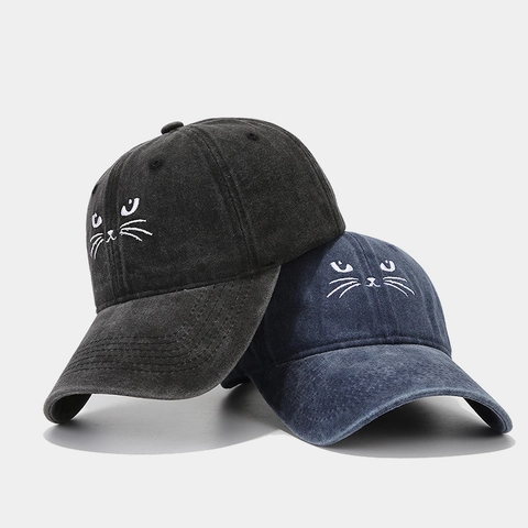 Berretto Da Baseball In Cotone Lavato Ricamo Gatto Regolabile Parasole All'Aperto Vintage Casual Per Uomini Donne