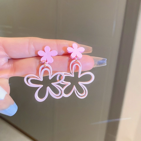Pink Hollow Flower Dangle Earrings With Silver Earring Post Sweet Floral Fashion Jewelry For Women