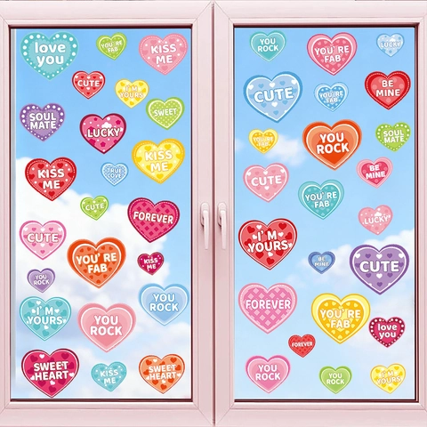 Heart Shaped Window Stickers PVC Romantic Valentine's Day Wall Decals Colorful Love Slogans Home Decor