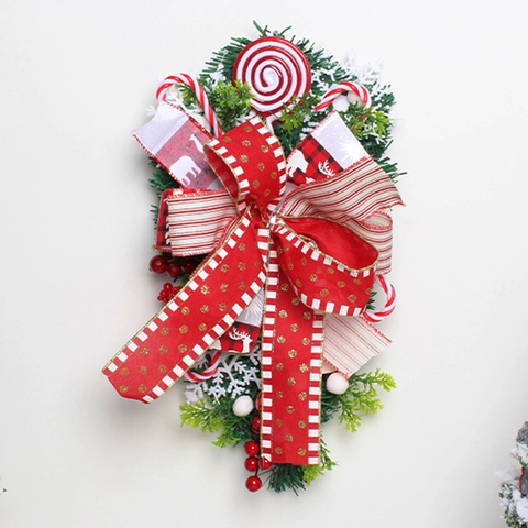 Weihnachts Süßigkeiten Umgedrehter Baum Swag Künstlicher Kiefernkranz Mit Lutscher Ornamenten Rot Weißer Schleife Tür Wand Deko