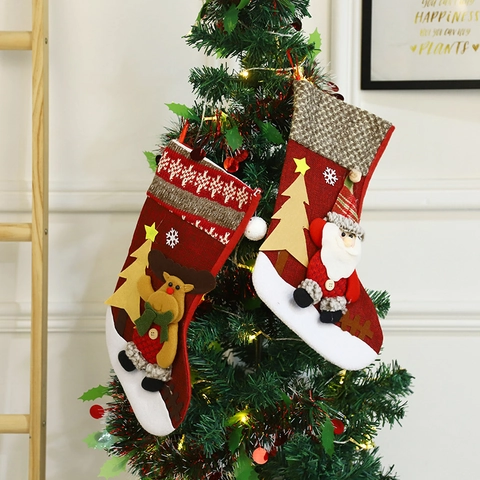 Christmas Stockings Large Knit Burlap Hanging Gift Bags Santa Snowman Reindeer Applique Holiday Fireplace Decor