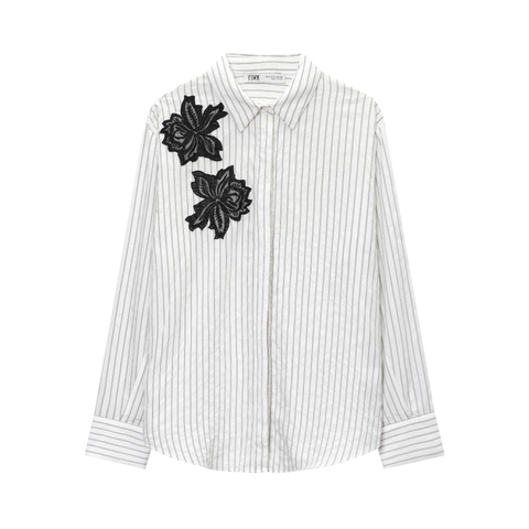 Dames Blouse Met Lange Mouwen Gestreepte Bloemen Kant Patchwork Borduurwerk Knoopsluiting Casual Elegant Chique