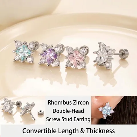 Orecchini A Lobo In Acciaio Al Titanio Fiore Di Zircone Quadrato Gioielli Per Piercing Alla Cartilagine Chiusura A Vite Elegante Lucido Per Donna