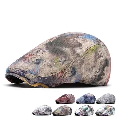 Vintage Beret Flat Cap Cotton Washed Denim Mesh Graffiti Tie Dye Print Adjustable Retro Casual Newsboy Hat For Men Women