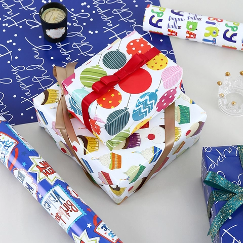 Happy Birthday Gift Wrapping Paper Cartoon Cake Balloon Candle Patterns Copperplate Paper For Party Favors Decor