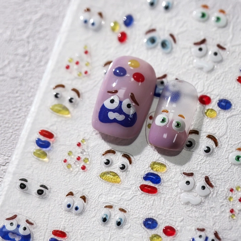 3D Relief Nagelaufkleber Cartoon Augen Ausdrücke Geprägt Selbstklebend DIY Maniküre Dekorationen Lustig Bunt