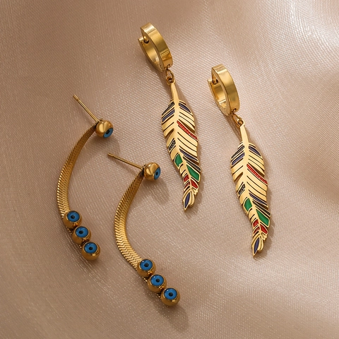 Bohemian Titanium Steel Feather Evil Eye Drop Earrings For Women Vintage Enamel Colorful Long Dangle Earrings Fashion Jewelry