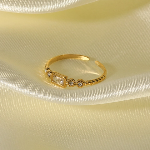 Damen Ring 18K Vergoldet Edelstahl Rechteck Zirkonia Smaragdschliff Verstellbar Offen Vintage Schmuck
