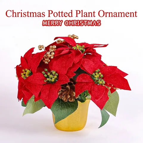 Artificial Poinsettia Potted Plant Red Velvet Flower With Gold Pot Pine Cones Christmas Decoration Table Centerpiece