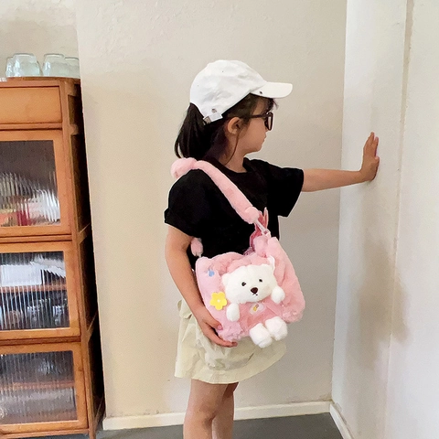 Kids Plush Crossbody Bag Cute 3D Bear Decoration Soft Faux Fur Handbag For Girls Sweet Flower Accents Korean Style Tote