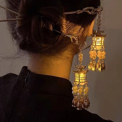 Bastoncino Per Capelli Lanterna Luminosa Vintage Lega Perla Artificial Nappa Pendente Stile Cinese Hanfu Forcina Luminosa Donne