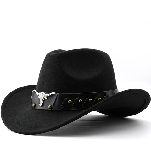 Vintage Western Cowboy Hat Polyester Felt Wide Brim With Bull Head Metal Emblem Rivets Leather Band Unisex Outdoor Style
