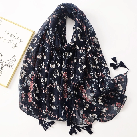 Long Printed Scarf Shawl Lightweight Polyester Voile With Tassels Floral Pattern Sunscreen Wrap Accessory For Women