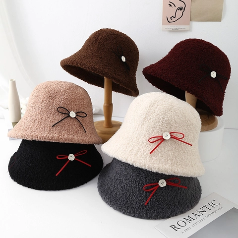 Women Winter Warm Lamb Wool Bucket Hat Sweet Bow Decoration Thick Fleece Fisherman Hat Outdoor Soft Plush Basin Hat For Women