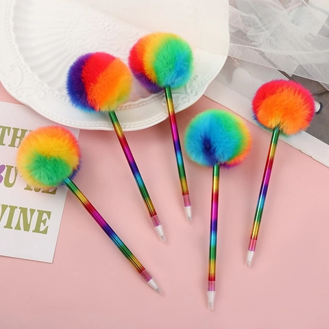 Penna A Sfera Con Pompon Peluche Arcobaleno Sfumato Metallico Cancelleria Scuola Ufficio Carina Per Bambine