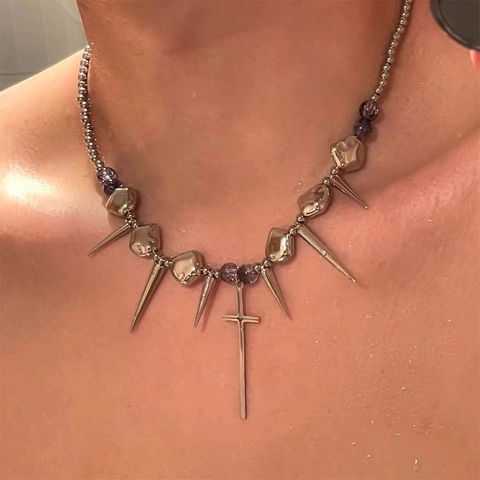 Collana Con Pendente Croce E Punte Punk Gothic Catena Di Clavicola In Perline Di Acciaio Al Titanio Gioielli Hip Hop