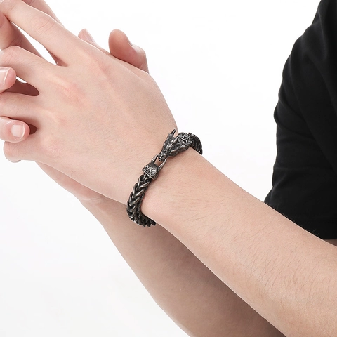 Retro Dragon Head Clasp Bracelet Stainless Steel Braided Chain Jewelry Gothic Punk Style Men Accessory