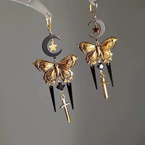 Orecchini Pendenti Gotici Farfalla Luna Stella Spada Lega Vintage Nero Oro Lunga Nappina Punk Gioielli Donna