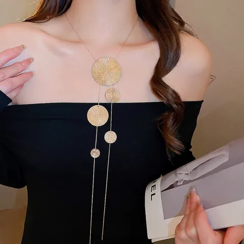 Long Collier En Alliage Pour Femmes Pendentif Circulaire Géométrique Forme En Y Gland Poli Miroir Mode Minimaliste Chaîne De Pull