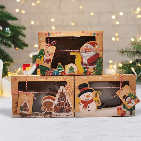 Christmas Kraft Paper Gift Boxes With Clear Window Gingerbread Cookie Candy Packaging Santa Snowman Design Rope Tags