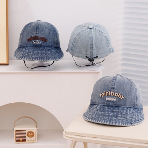 Sombrero De Pescador De Mezclilla Para Niños Algodón Bordado Letras Protección Solar Cortavientos Ajustable Para Bebé