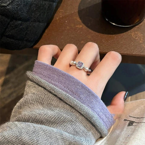 Elegante Kralenring Met Vierkante Paarse Zirkonia En Kunstparels Vintage Franse Stijl Rekbare Sieraden Voor Vrouwen