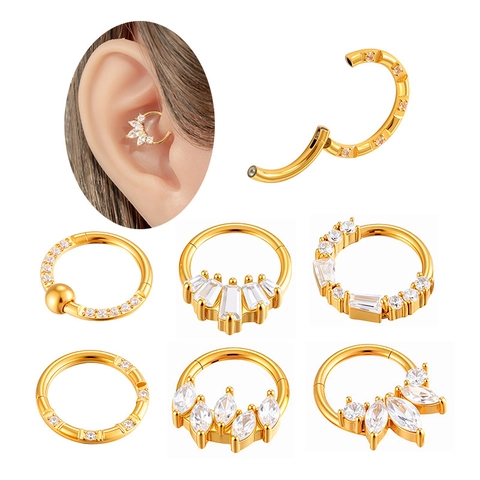 Stainless Steel Cubic Zirconia Hinged Septum Clicker Nose Ring Hoop Earring Piercing Jewelry For Women Men