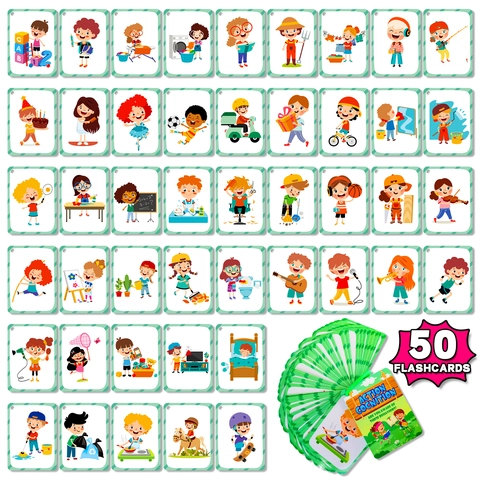 Set di Carte Didattiche per la Cognizione dell'Azione Comportamentale Cartoni Animati Imparare l'Inglese Montessori per Bambini