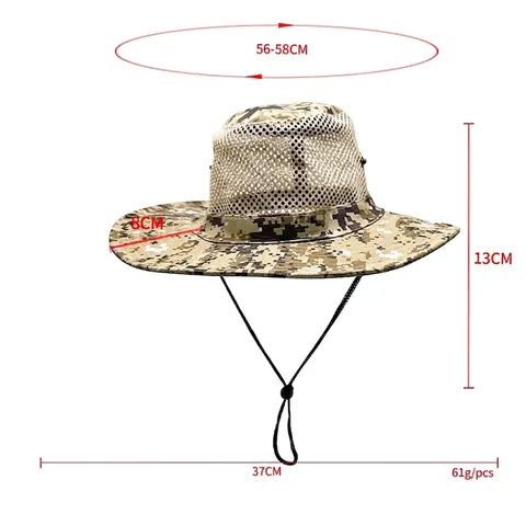 Camouflage Boonie Hat Polyester Mesh Breathable Sun Protection Outdoor Fishing Hiking Tactical Wide Brim Adjustable Rope