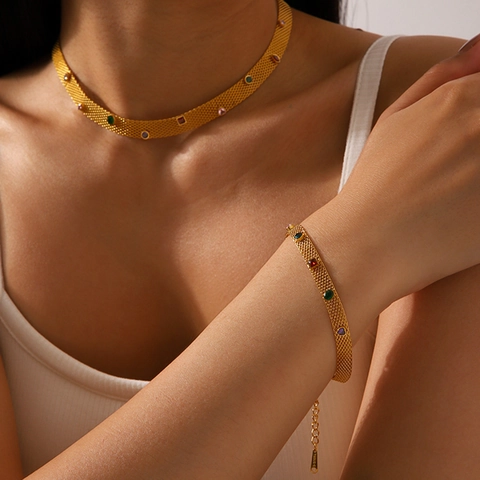 Collana In Acciaio Inossidabile Con Gemme Colorate Catena A Maglia Intrecciata Dorata Gioielli Eleganti Vintage Donna