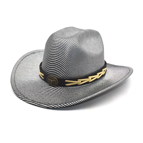 Western Cowboy Hat Metallic Glitter Shiny Wide Brim With Bull Head Buckle Decorative Belt Retro Party Style For Adults