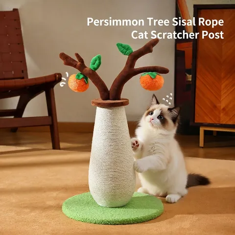 Persimmon Tree Cat Scratching Post With Sisal Rope Plush Interactive Hanging Balls Claw Grinder For Indoor Cats