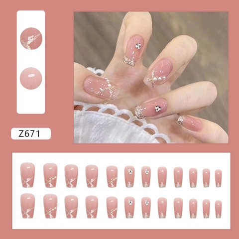 Kurze Ballett Künstliche Nägel Mit Künstliche Perlen Straß Glitzer Farbverlauf Nude Pink Mode Einfach Für Frauen
