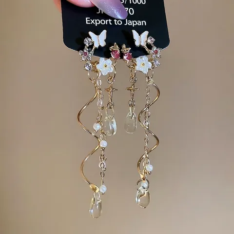 Orecchini A Nappa Farfalla Fiore Con Perno In Argento Sterling 925 Lega Acrilico Strass Perla Artificial Stile Palazzo Vintage