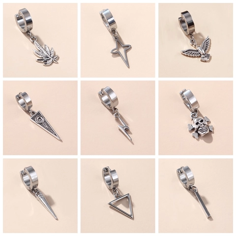 Roestvrijstalen Creolen Drop Oorbellen Punk Hip Hop Street Style Bliksem Veer Schedel Hanger Sieraden Voor Mannen Vrouwen