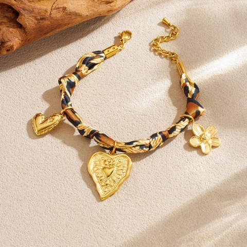 Bracciale Vintage Con Nastro Leopardato Acciaio Inossidabile Dorato Ciondoli A Cuore E Fiori Gioielli Di Moda Bohémien Da Donna