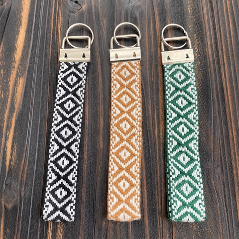 Portachiavi Intrecciato Boho Bracciale Motivo Etnico Geometrico Tessuto Cotone Gancio Metallo Per Chiavi Zaini