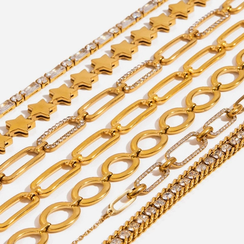 Stainless Steel Bracelet 18K Gold Plated Paperclip Chain Star CZ Waterproof Hypoallergenic Adjustable Jewelry For Women