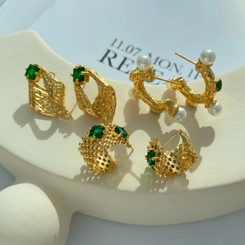 Orecchini Geometrici Irregolari Acciaio Inossidabile Perla Artificial Sintetica Zircone Verde Smeraldo Stile Francese Vintage Elegante Gioielli