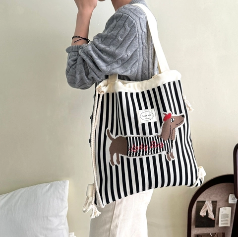 Knitted Shoulder Bag Drawstring Backpack Striped Bow Zebra Pattern Versatile Large Capacity Casual For Women