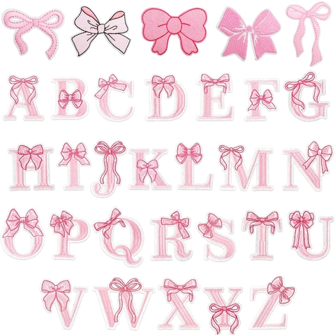 Alphabet Bowknot Embroidery Patches Pink Letters Iron On Applique For Clothing Bag Decoration DIY Sewing Craft