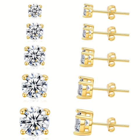 Classic Round Zircon Stud Earrings Gold Plated Copper Jewelry With 925 Sterling Silver Earring Post For Women Simple Minimalist Accessory