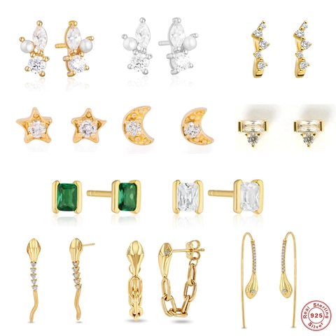925 Sterling Silver Snake Star Moon Stud Earrings For Women Personality Fashion Zirconia Inlaid Ear Buckle Jewelry Gift