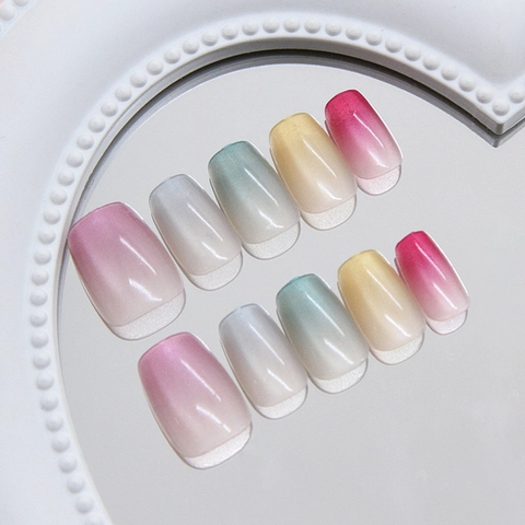 Handmade Press On Nails ABS Plastic Cat Eye Macaron Gradient Short Square Fake Nails Sweet Reusable For Women