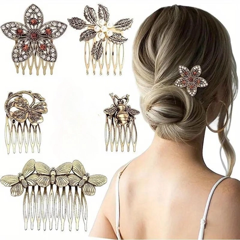 Pettine Per Capelli Vintage Lega Retro Foglia Farfalla Ape Fiore Perla Artificial Strass Copricapo Matrimonio Festa Accessori Donne